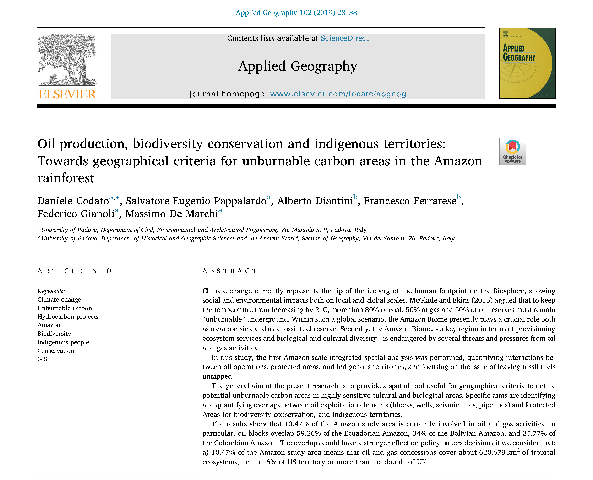 Unburnable carbon e petrolio “non estraibile” in Amazzonia: il nuovo articolo scientifico pubblicato su Applied Geography