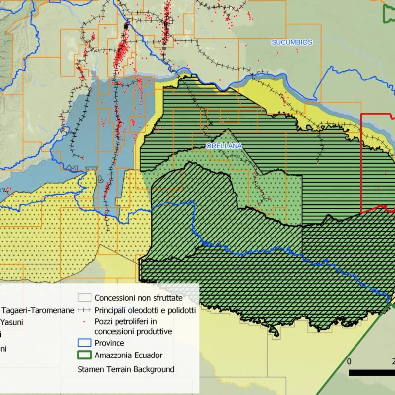 Livelli di complessità del territorio: sovrapposizione tra attività petrolifera, aree protette, Zona Intangibile Tagaeri Taromenane, Territorio Waorani