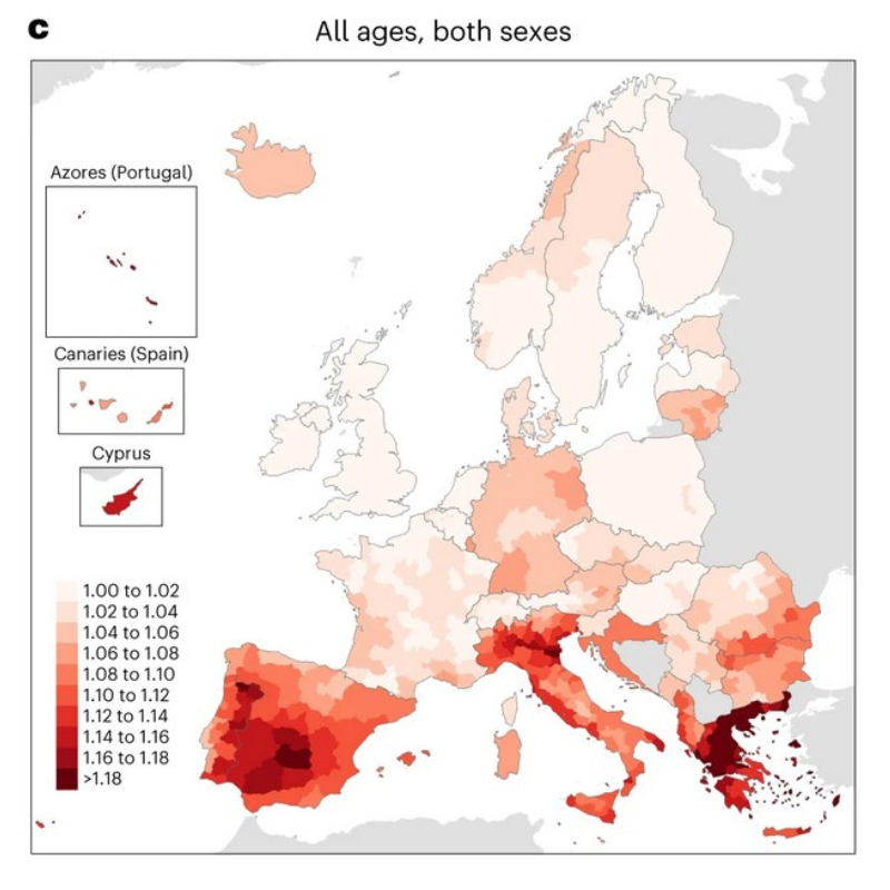 Mappa del rischio mortalità in Europa, su base provinciale (Fonte: Nature Medicine, 2022)