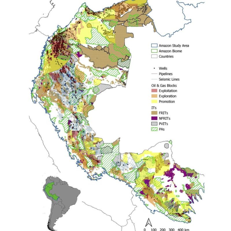 Amazzonia Andina (Colombia, Ecuador, Perù. Bolivia) sovrapposizione tra  operazioni petrolifere, aree protette (AP) e territori indigeni (IT)