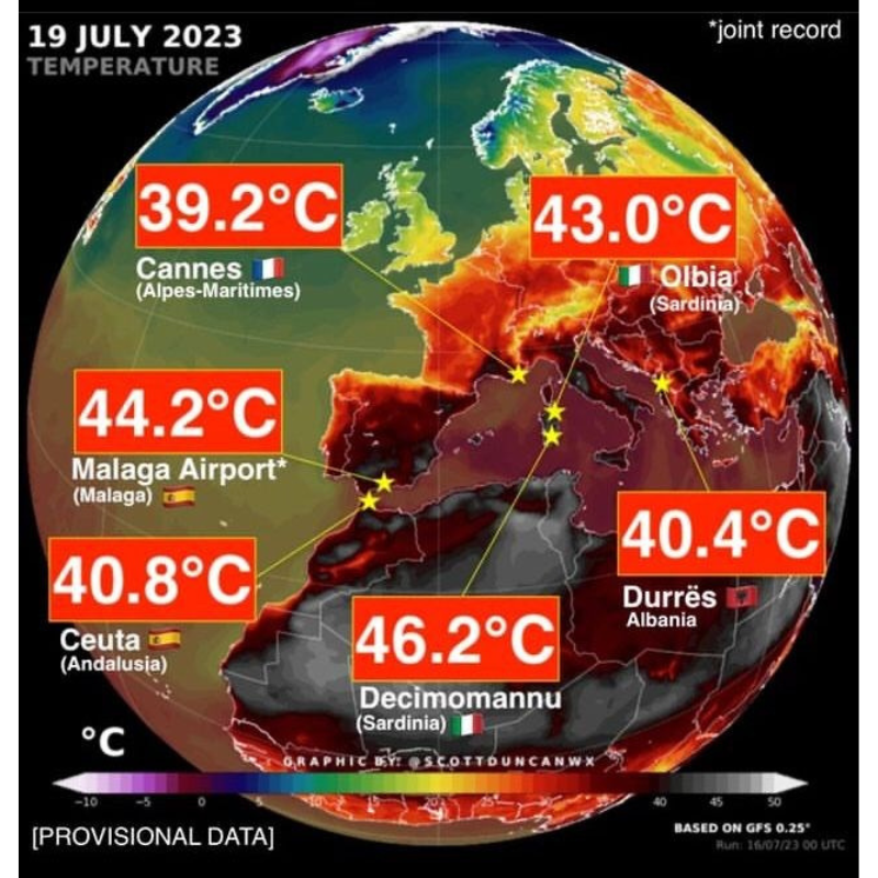 Mappa delle temperature massime in Europa e Nordafrica il 19 luglio 2023 (Fonte: Scott Duncan)